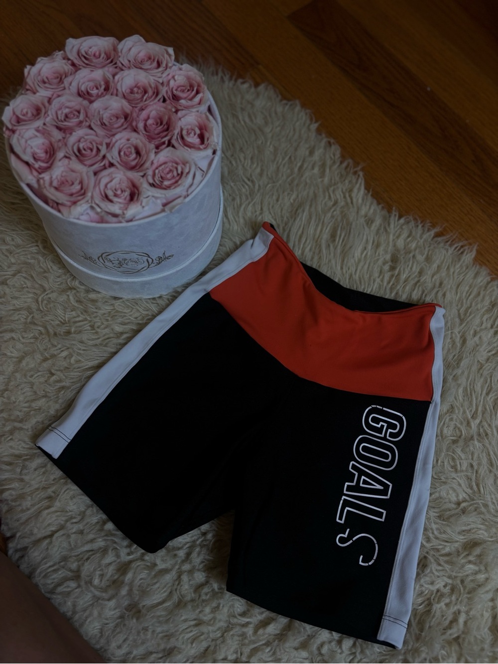 High-Rise Black and Rust Women's Bike Shorts with White Side Panels
